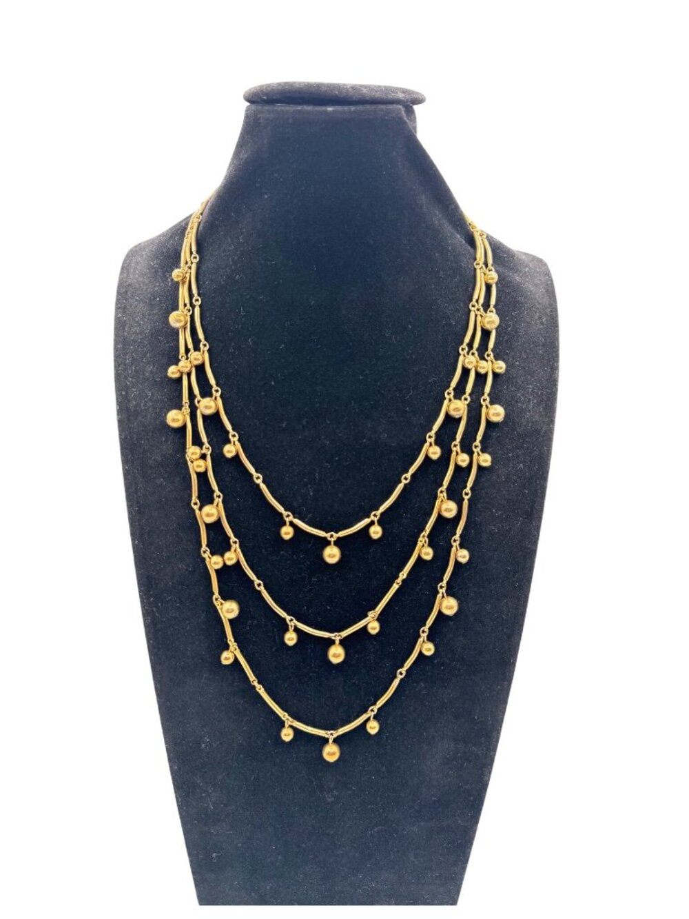 Vintage Gold Tone 3 Strand Metal Beads Necklace